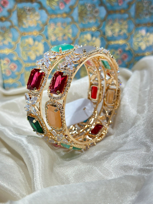 2 Beautiful American Diamond Bangles with Large Multicolor Stones on a Golden Base