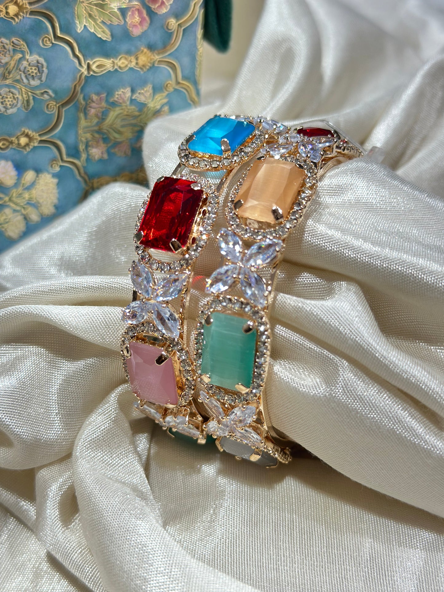 2 Beautiful American Diamond Bangles with Large Multicolor Stones on a Golden Base