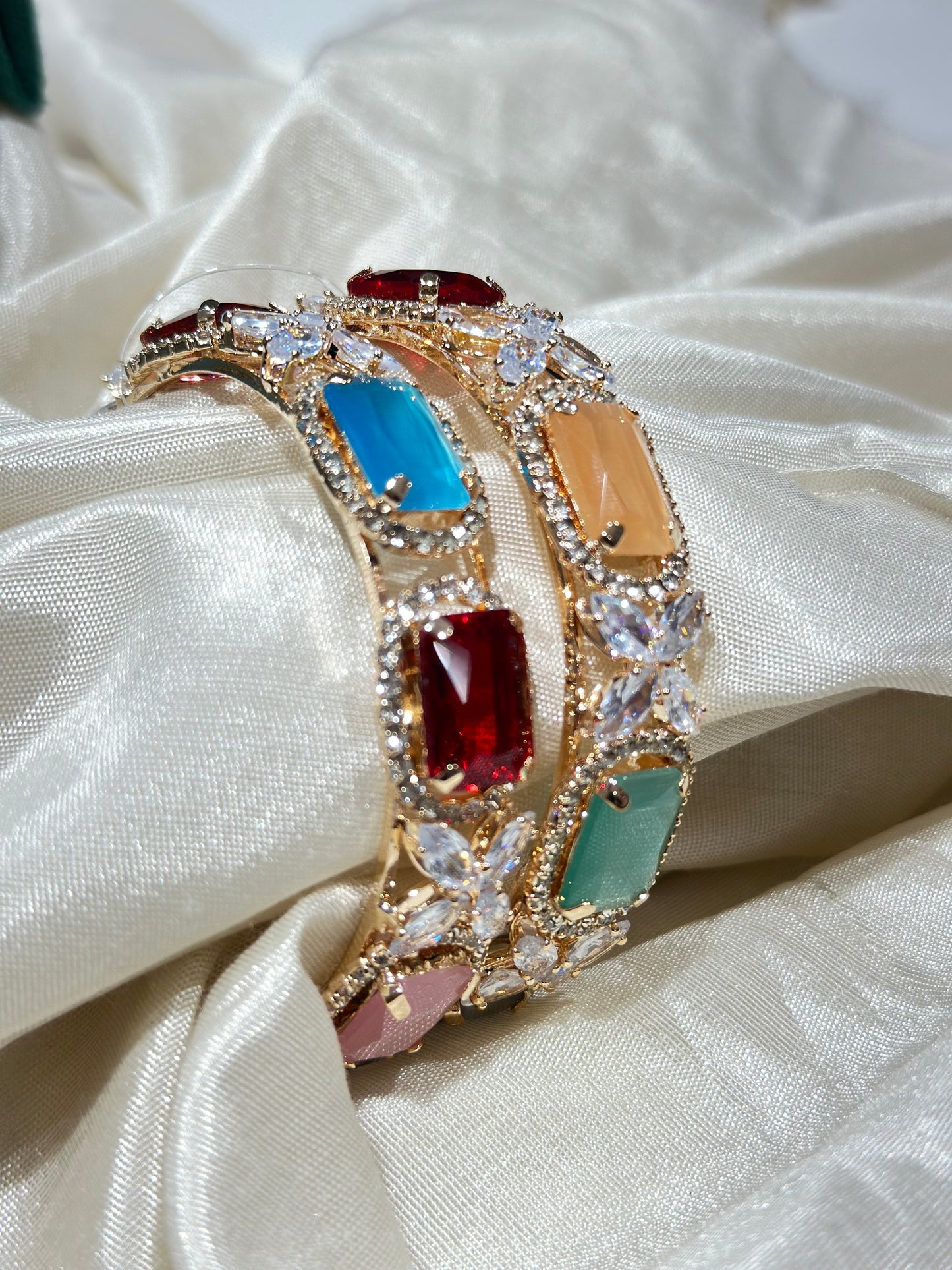 2 Beautiful American Diamond Bangles with Large Multicolor Stones on a Golden Base