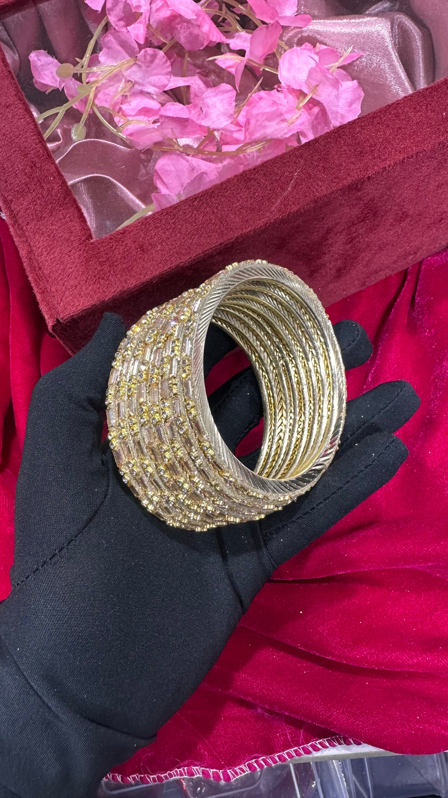 Brass Bangle Set of 8 with Alternate Rectangle & Round Stones in Shadow Creme (Sizes 2/4, 2/6, 2/8)