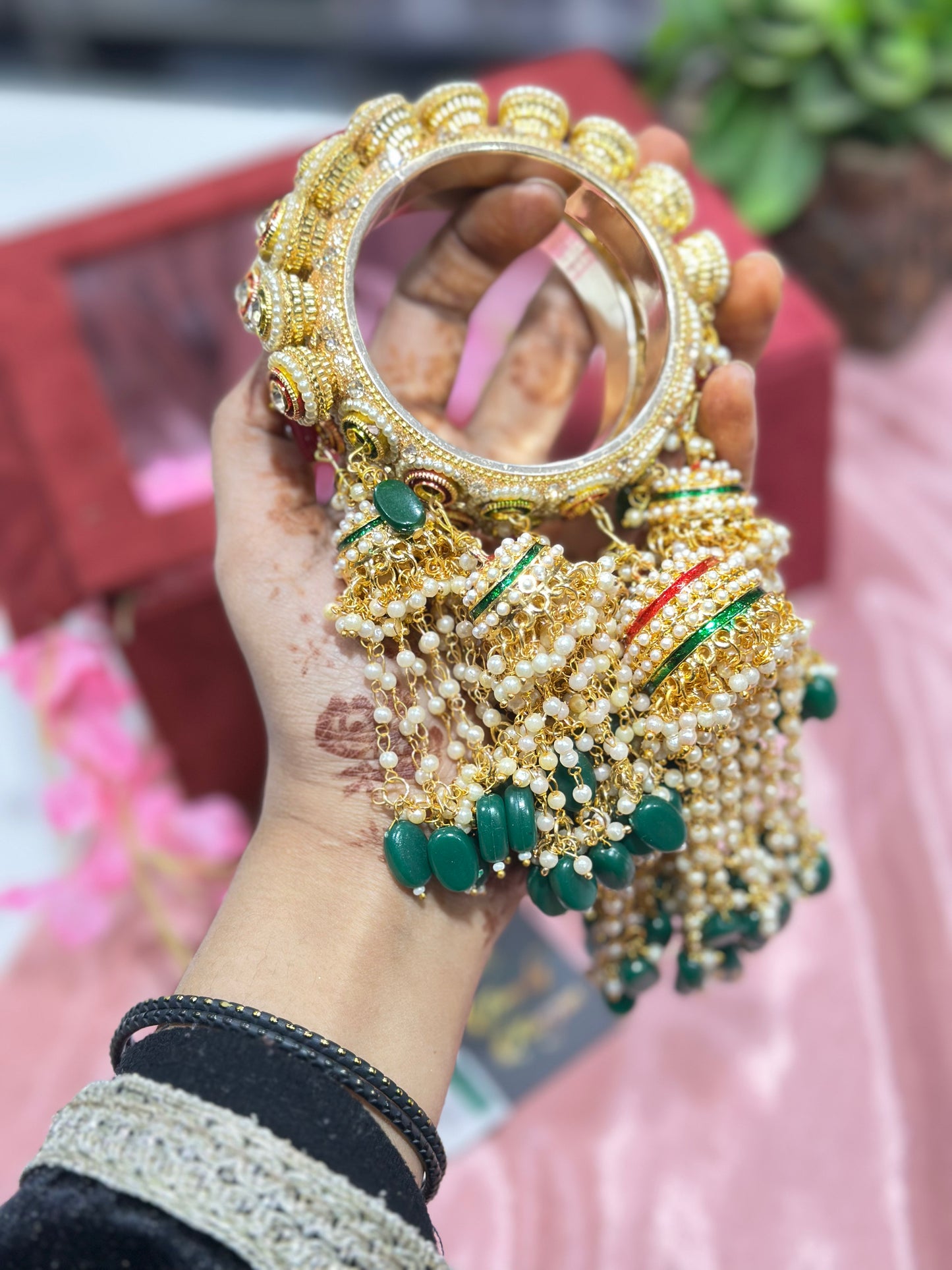 Rajwadi Kada Set of 2 on Brass with 3 Latkans, White Pearl Beads, and Dark Green Stones