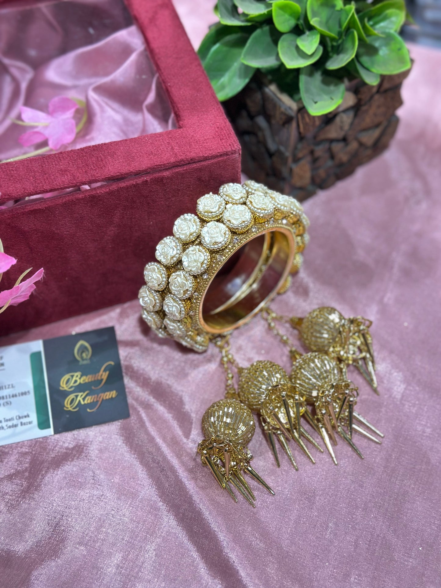 Brass Rajwadi Kada Set with White Floral Stones & Latkans