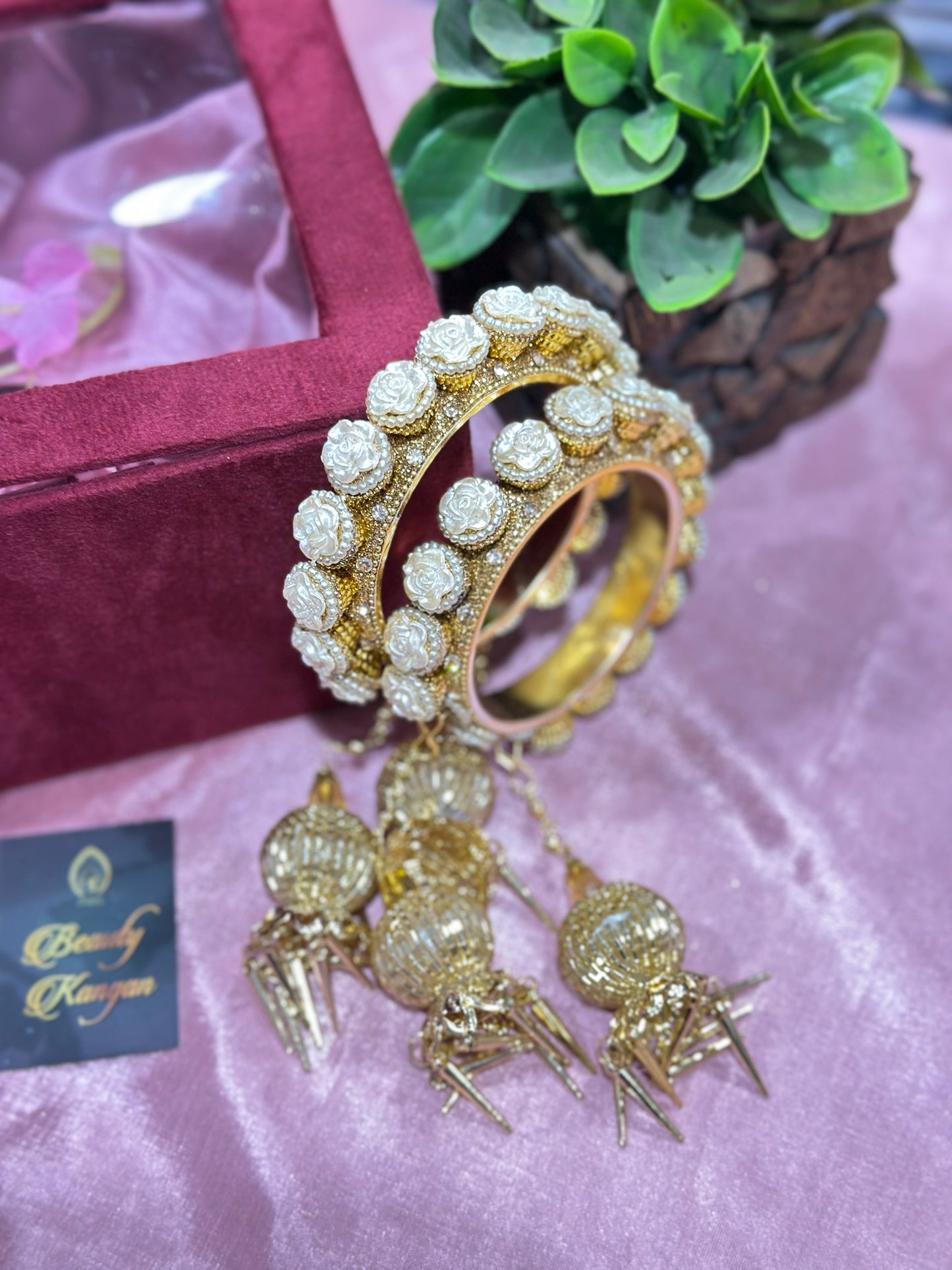 Brass Rajwadi Kada Set with White Floral Stones & Latkans