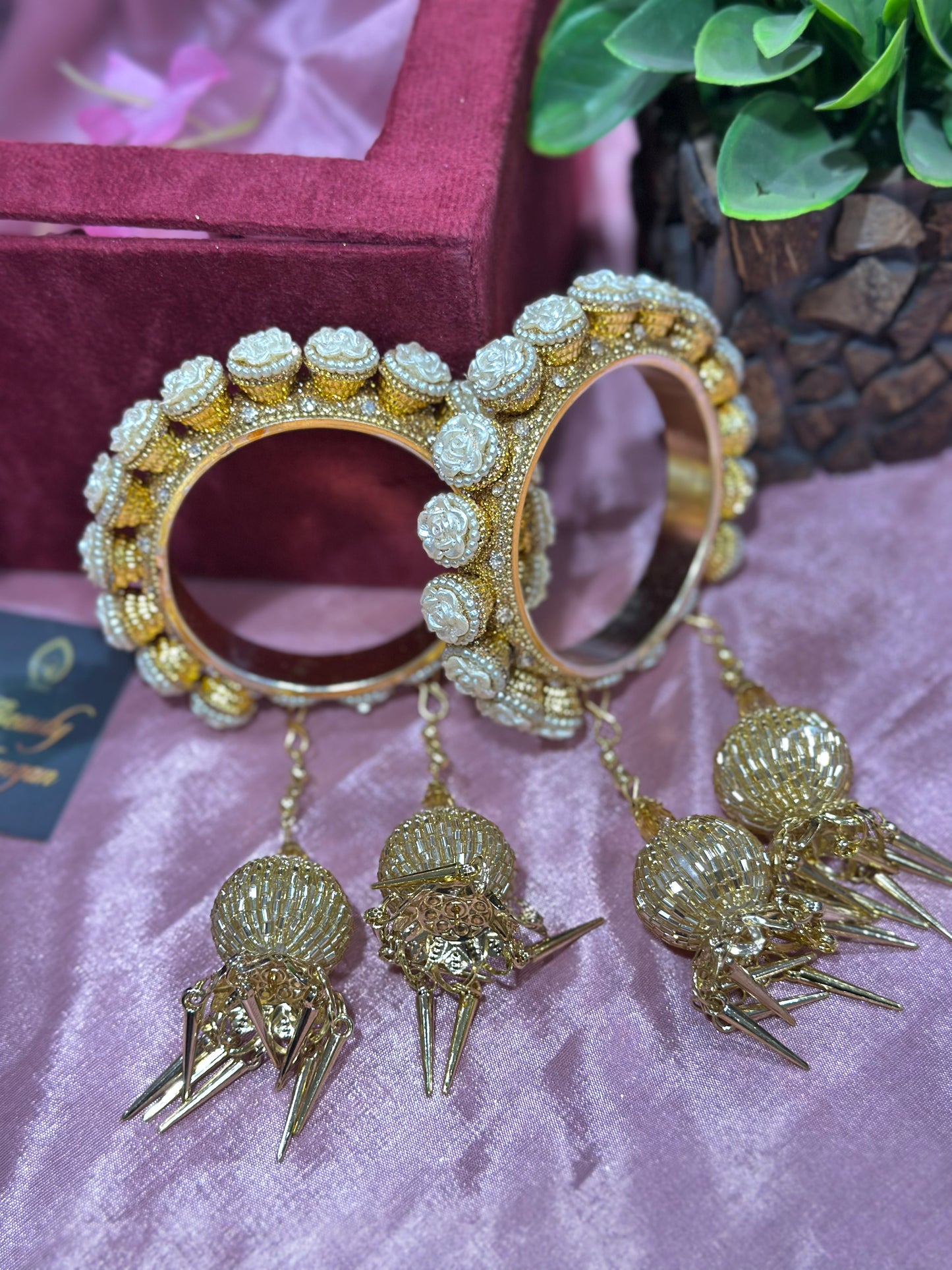 Brass Rajwadi Kada Set with White Floral Stones & Latkans