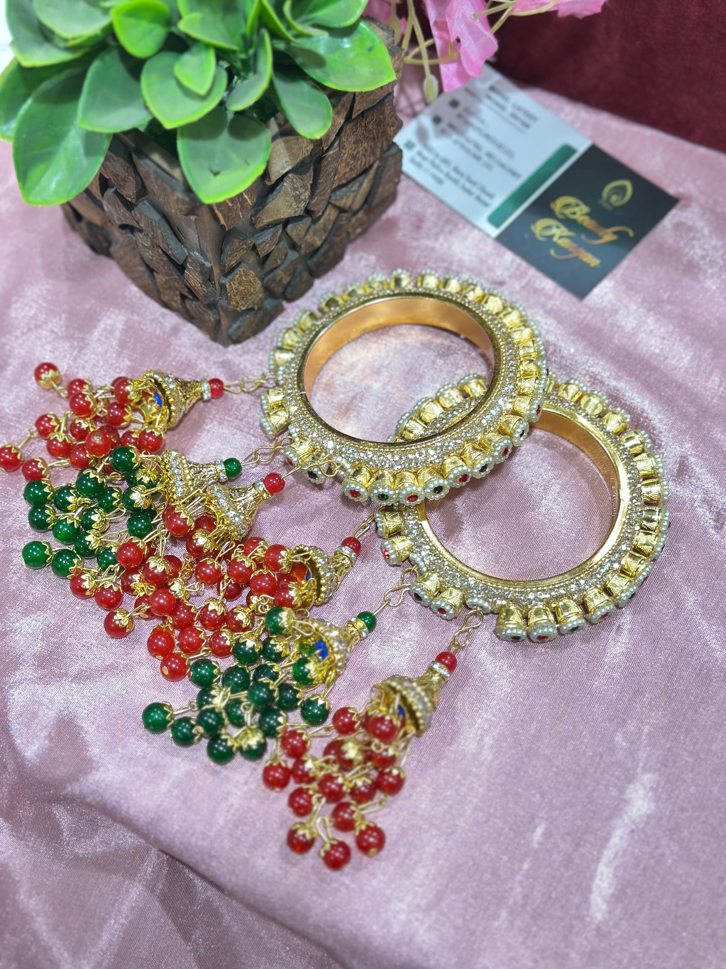 Brass Rajwadi Kada Set with Red & Green Stones and Pearl Latkans