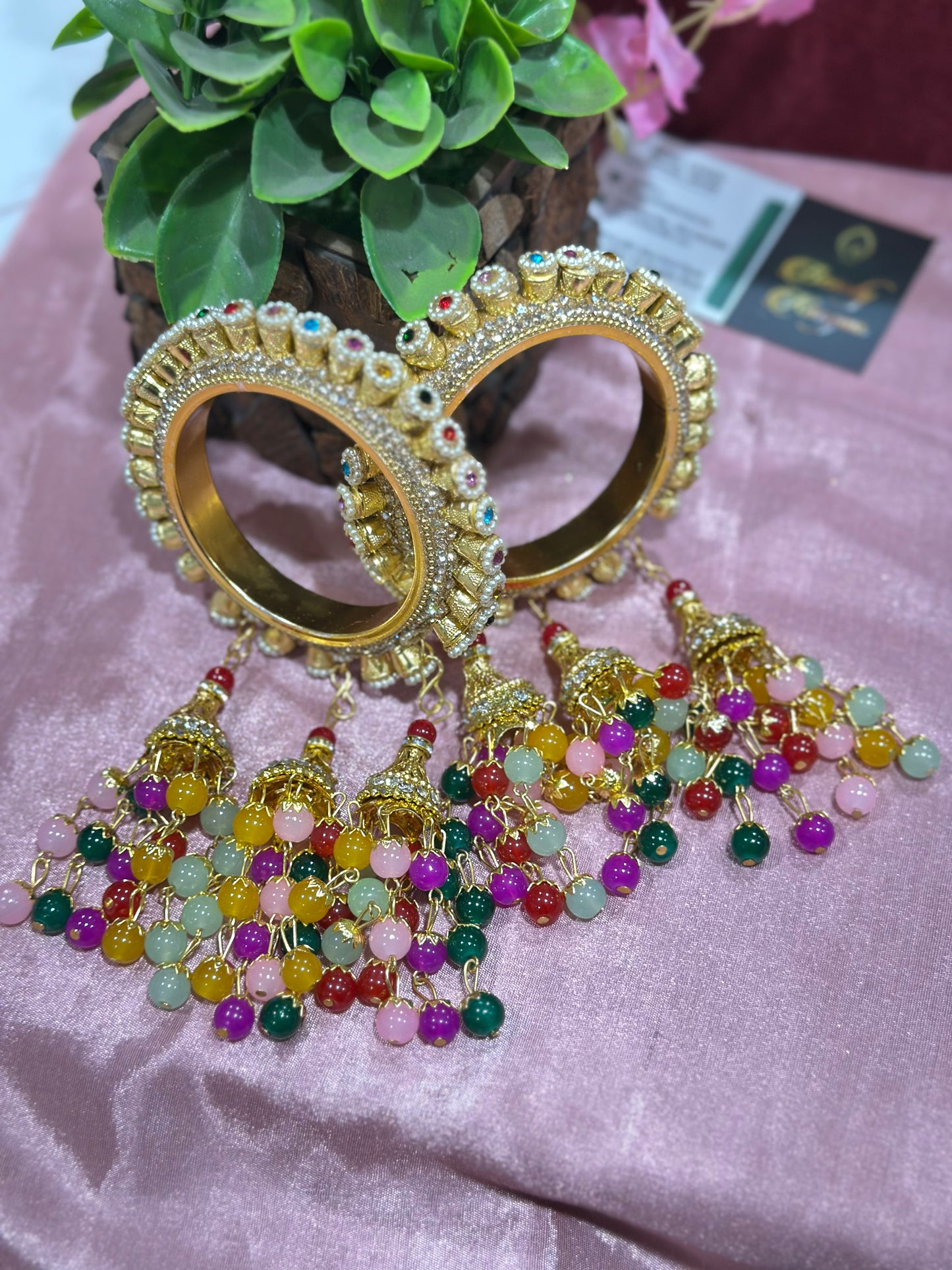 Rajwadi Brass Kada Set with Multicolor Stones & Pearl Bead Latkans