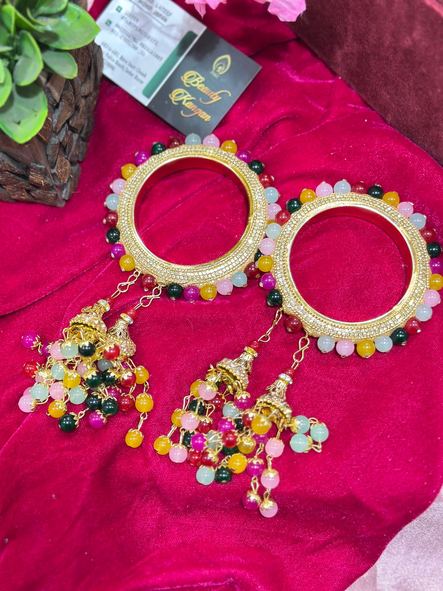 Rajwadi Brass Kada Set with Multicolor Pearl Beads & Latkans