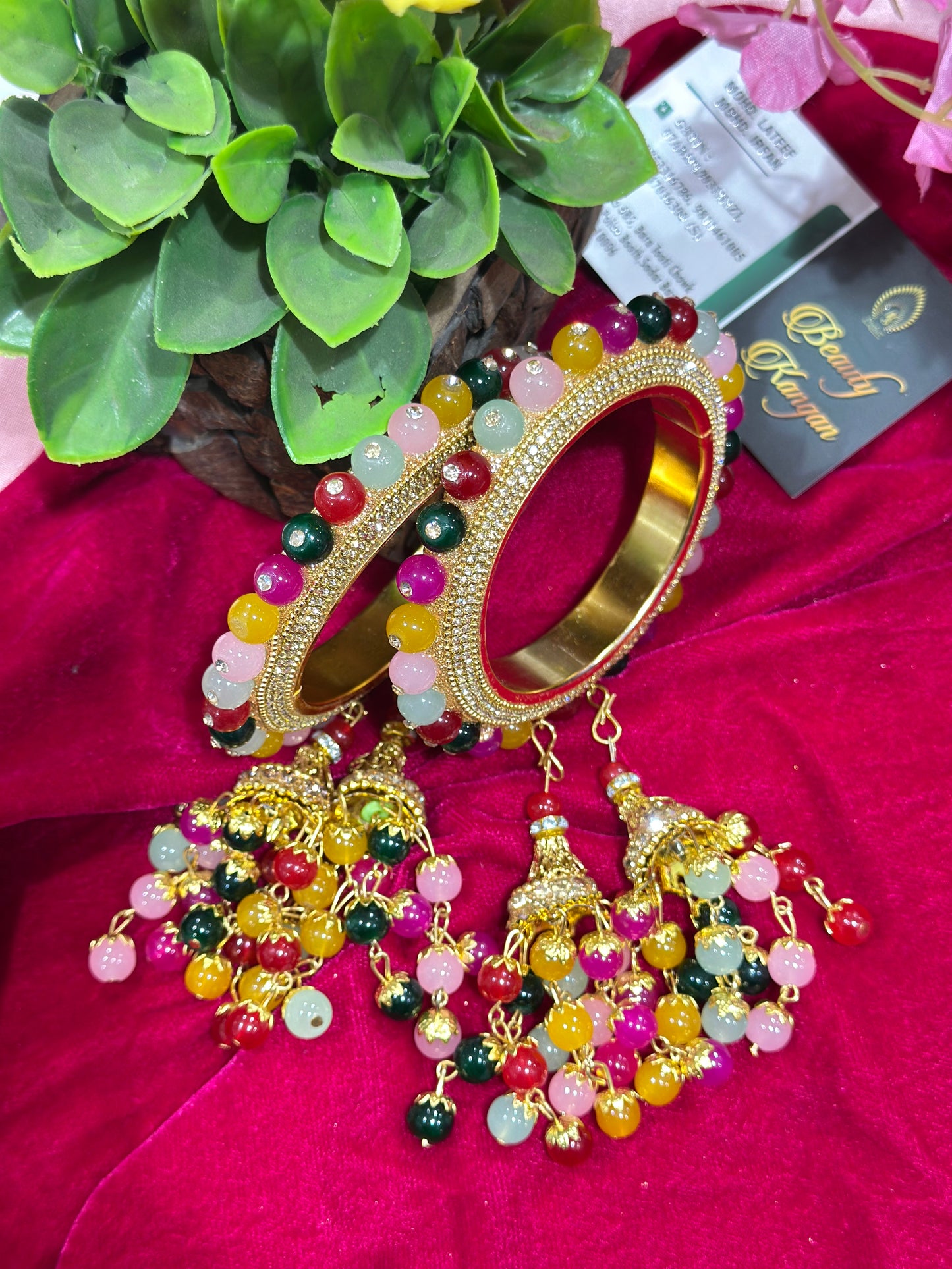 Rajwadi Brass Kada Set with Multicolor Pearl Beads & Latkans