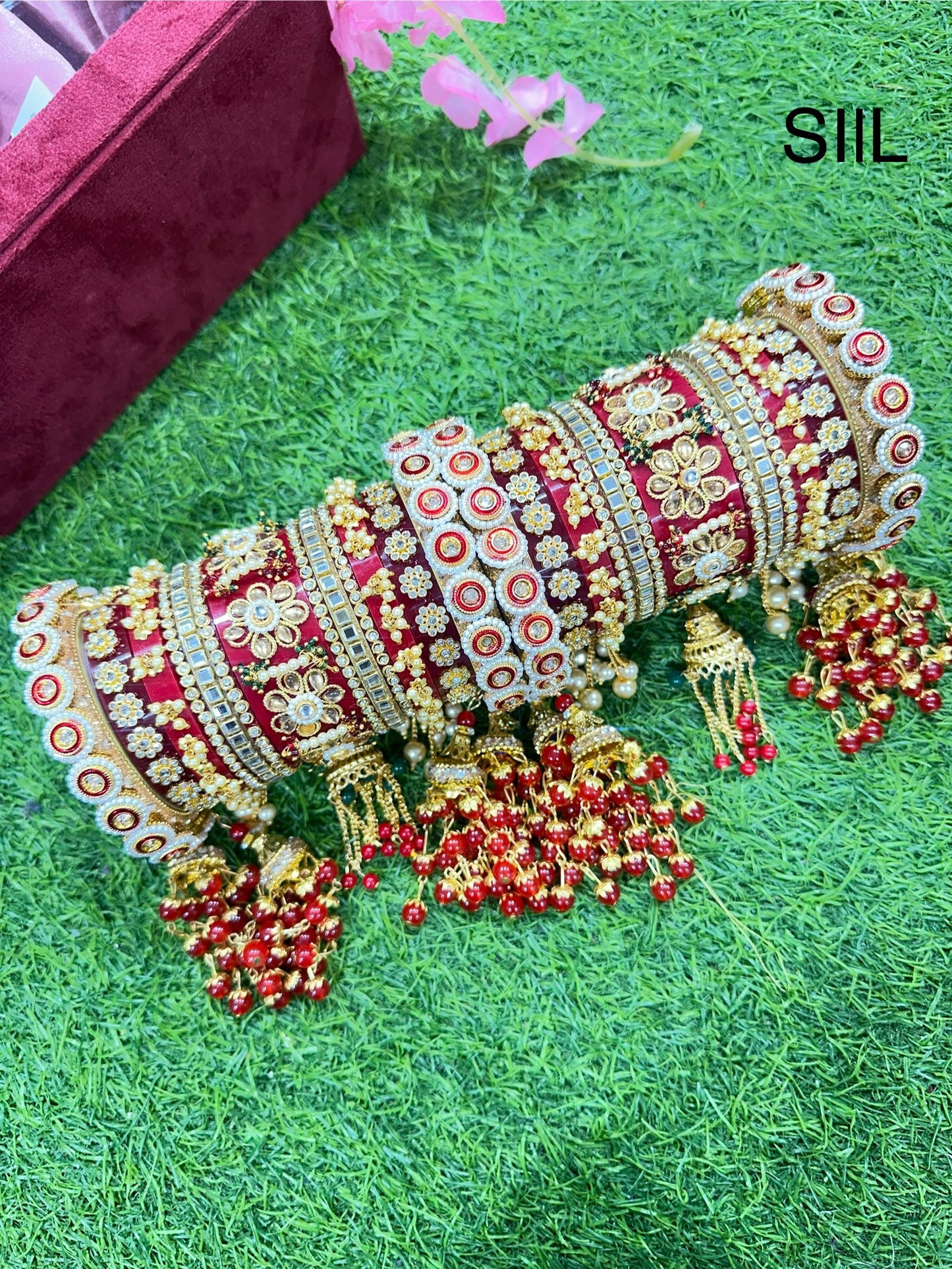 Rajwadi Red Chura & Pacheli Rajwadi Kada Set with Latkans, White Pearl Beads & Mirror Stones