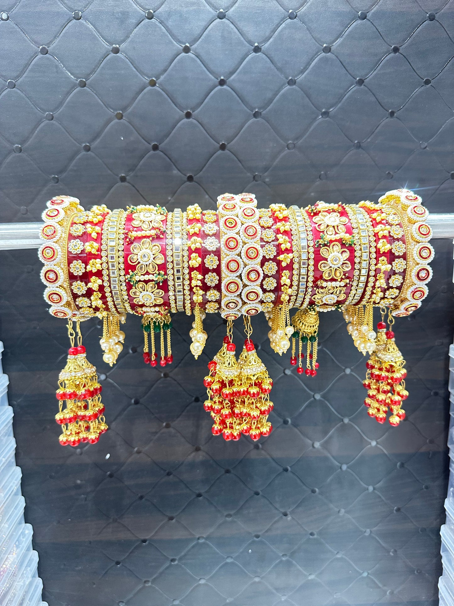 Rajwadi Red Chura & Pacheli Rajwadi Kada Set with Latkans, White Pearl Beads & Mirror Stones