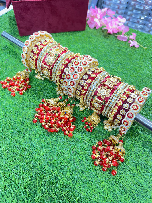 Rajwadi Red Chura & Pacheli Rajwadi Kada Set with Latkans, White Pearl Beads & Mirror Stones