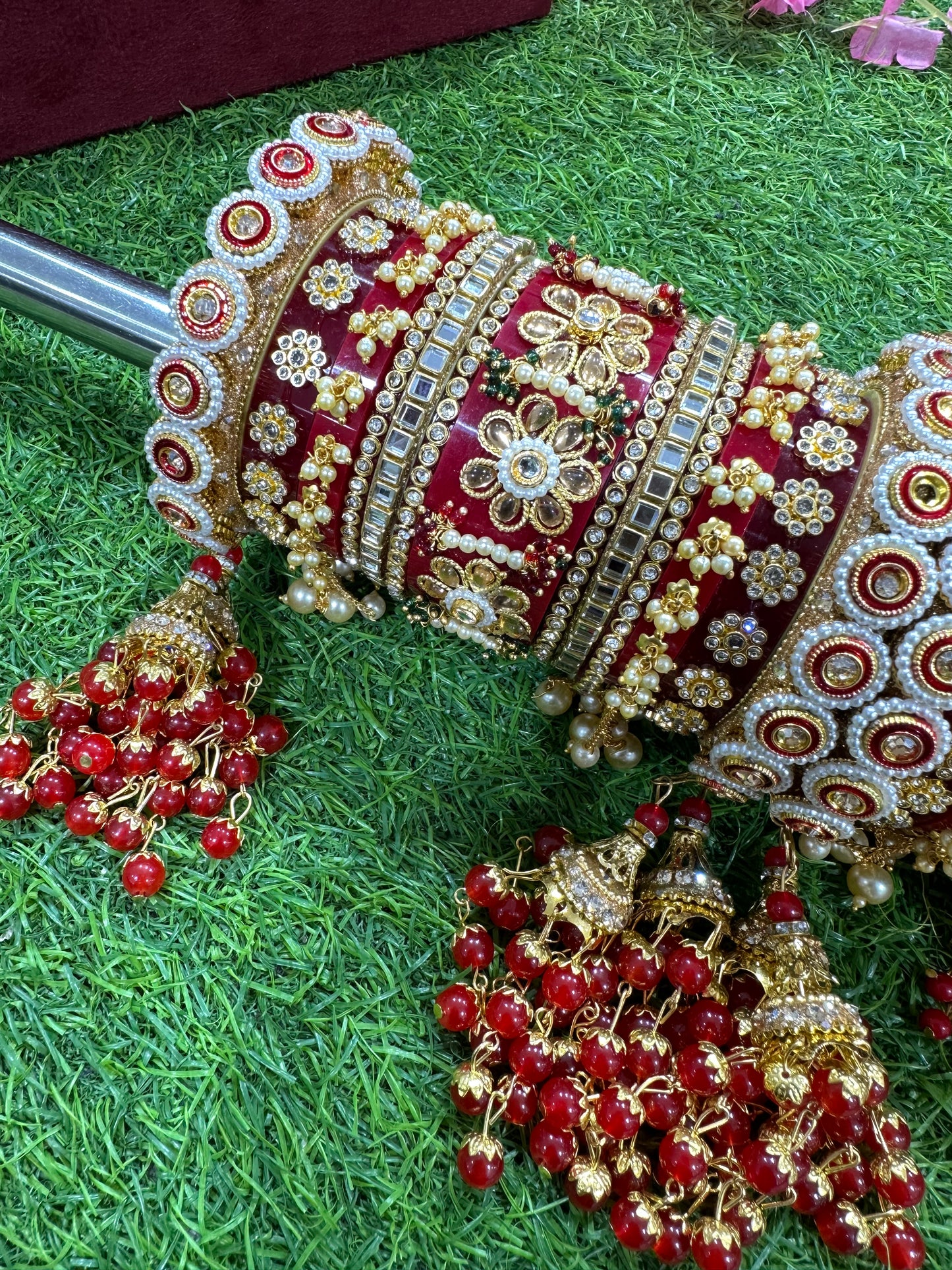 Rajwadi Red Chura & Pacheli Rajwadi Kada Set with Latkans, White Pearl Beads & Mirror Stones