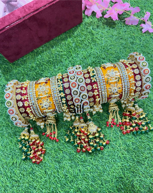 Rajwadi Multi-Color Chura & Pacheli Rajwadi Kada Set with Latkans, White Pearl Beads & Mirror Stones