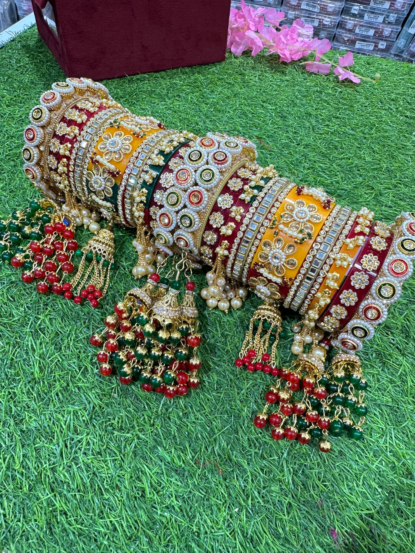 Rajwadi Multi-Color Chura & Pacheli Rajwadi Kada Set with Latkans, White Pearl Beads & Mirror Stones