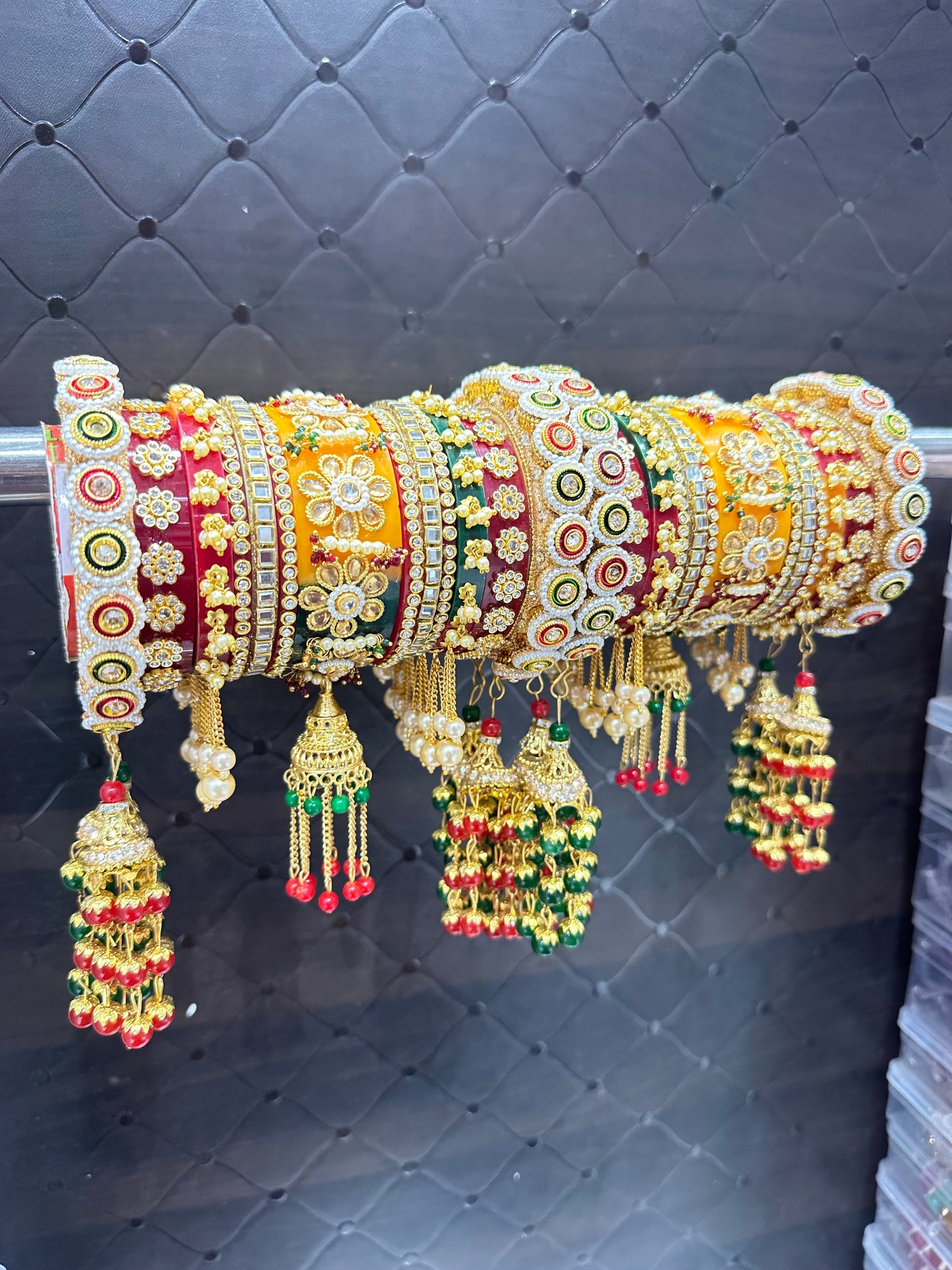 Rajwadi Multi-Color Chura & Pacheli Rajwadi Kada Set with Latkans, White Pearl Beads & Mirror Stones