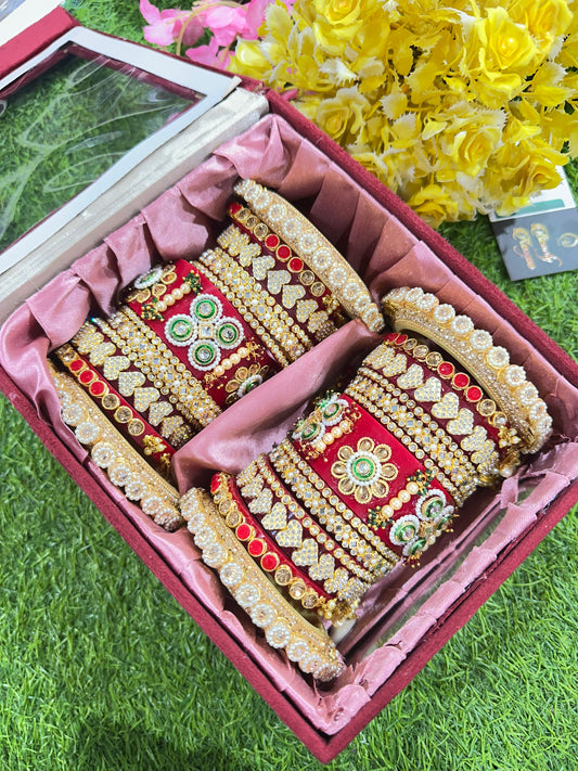 Rajwadi Chura with Pacheli Kada & Heart-Shaped Stonework in Red Color