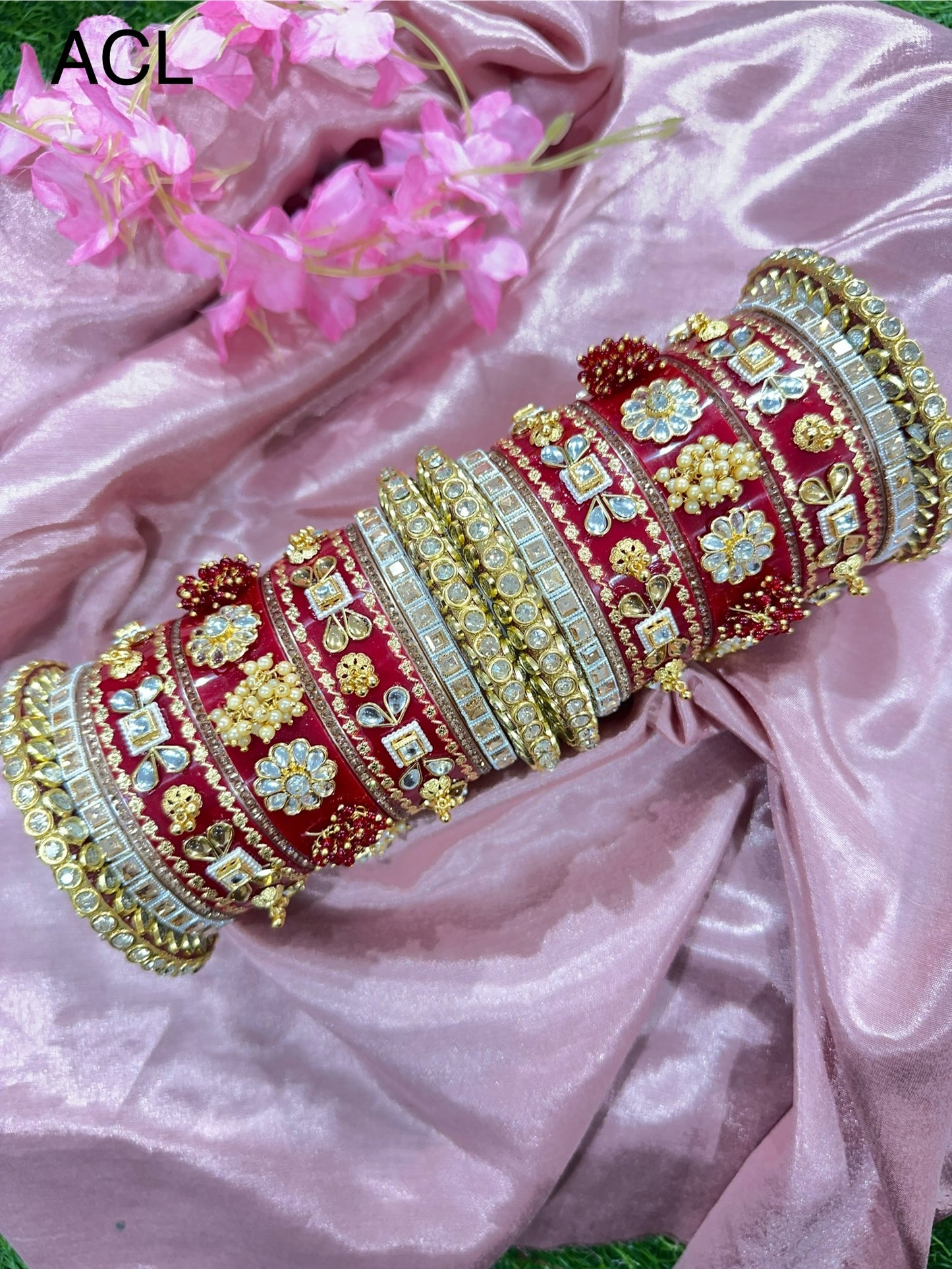 Rajwadi Chura in Red with Seap Bangles & Kundan Floral Work