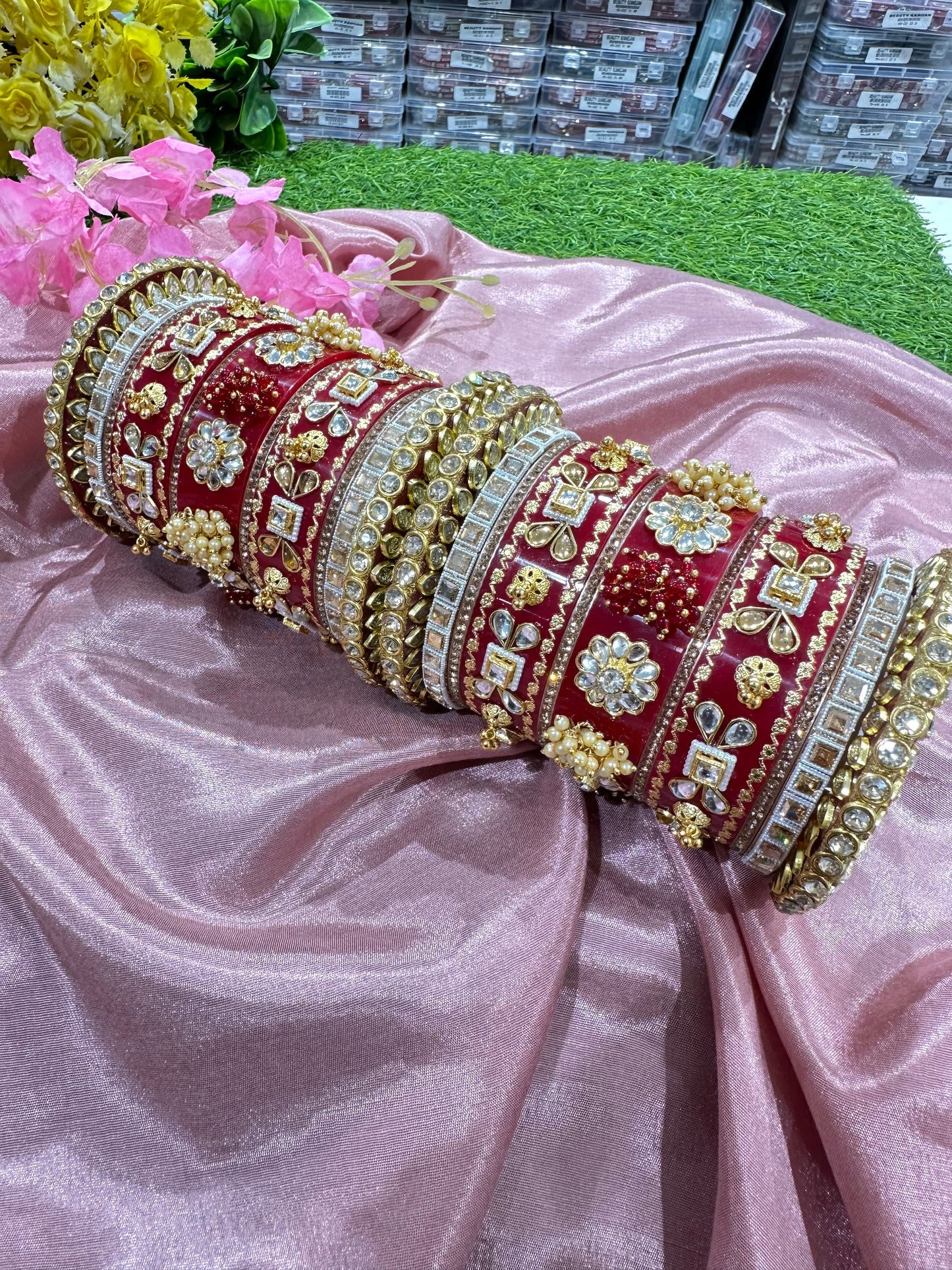 Rajwadi Chura in Red with Seap Bangles & Kundan Floral Work