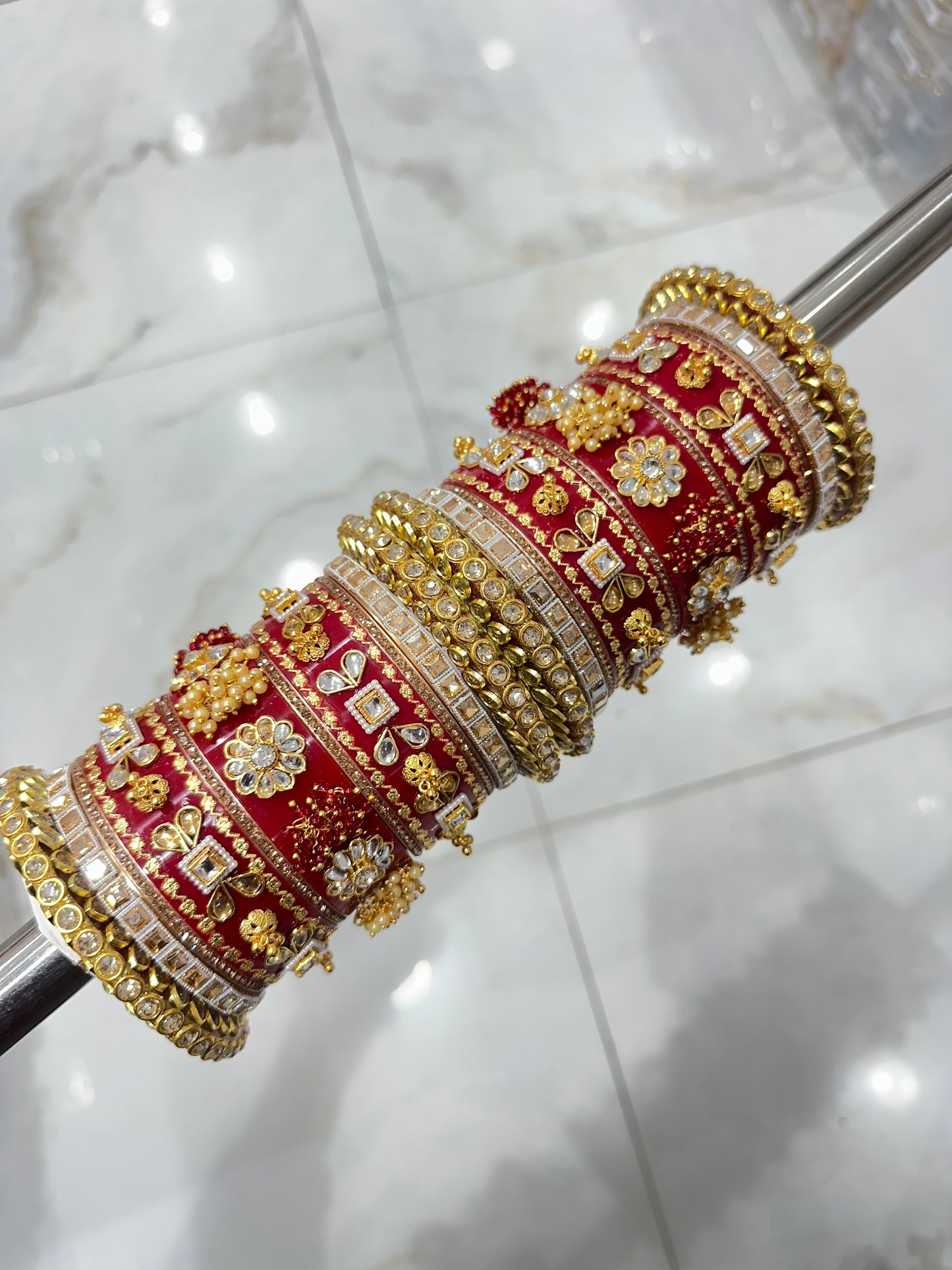 Rajwadi Chura in Red with Seap Bangles & Kundan Floral Work