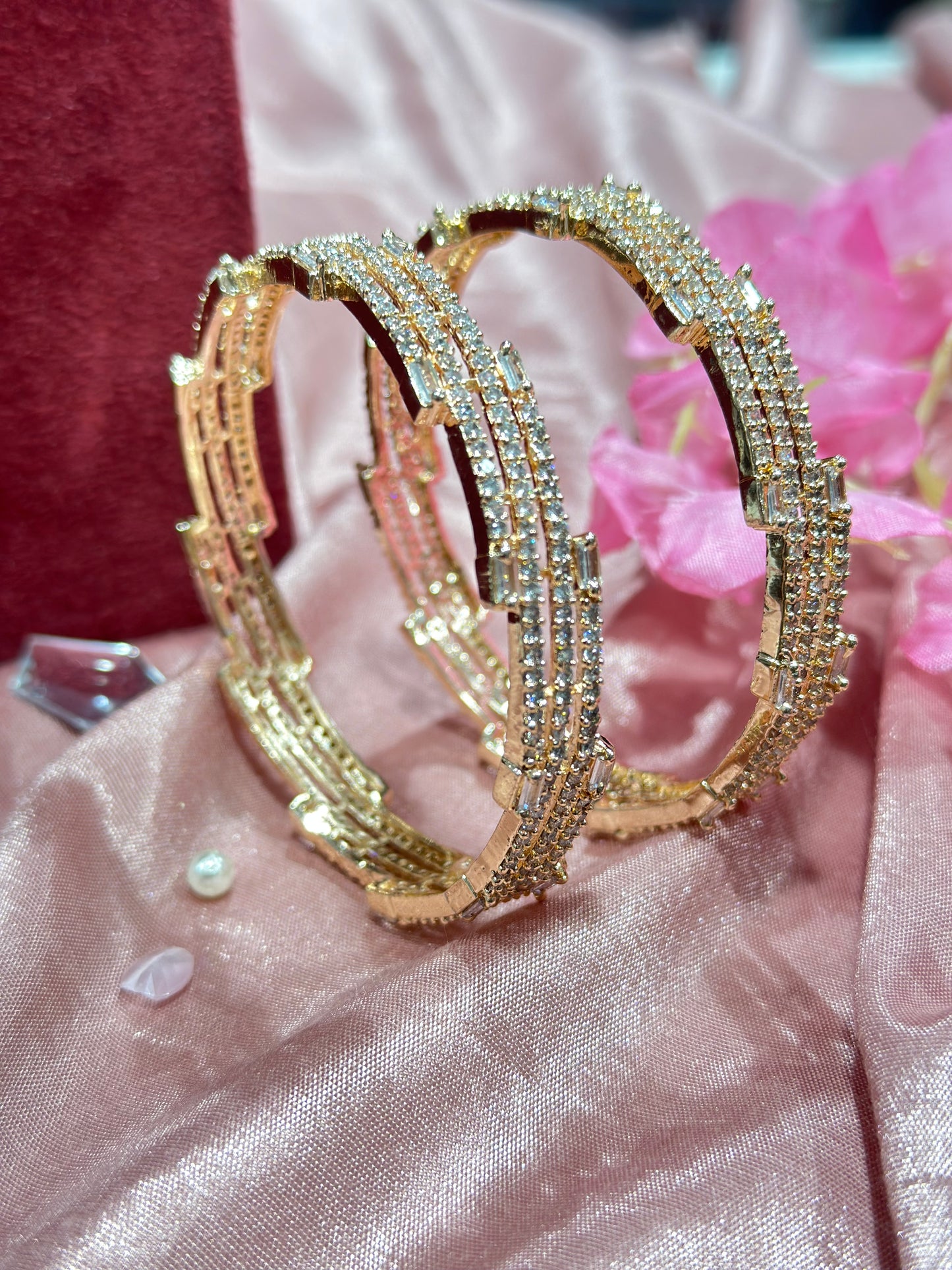 Sleek American Diamond Bangles in Golden Color (Set of 2)