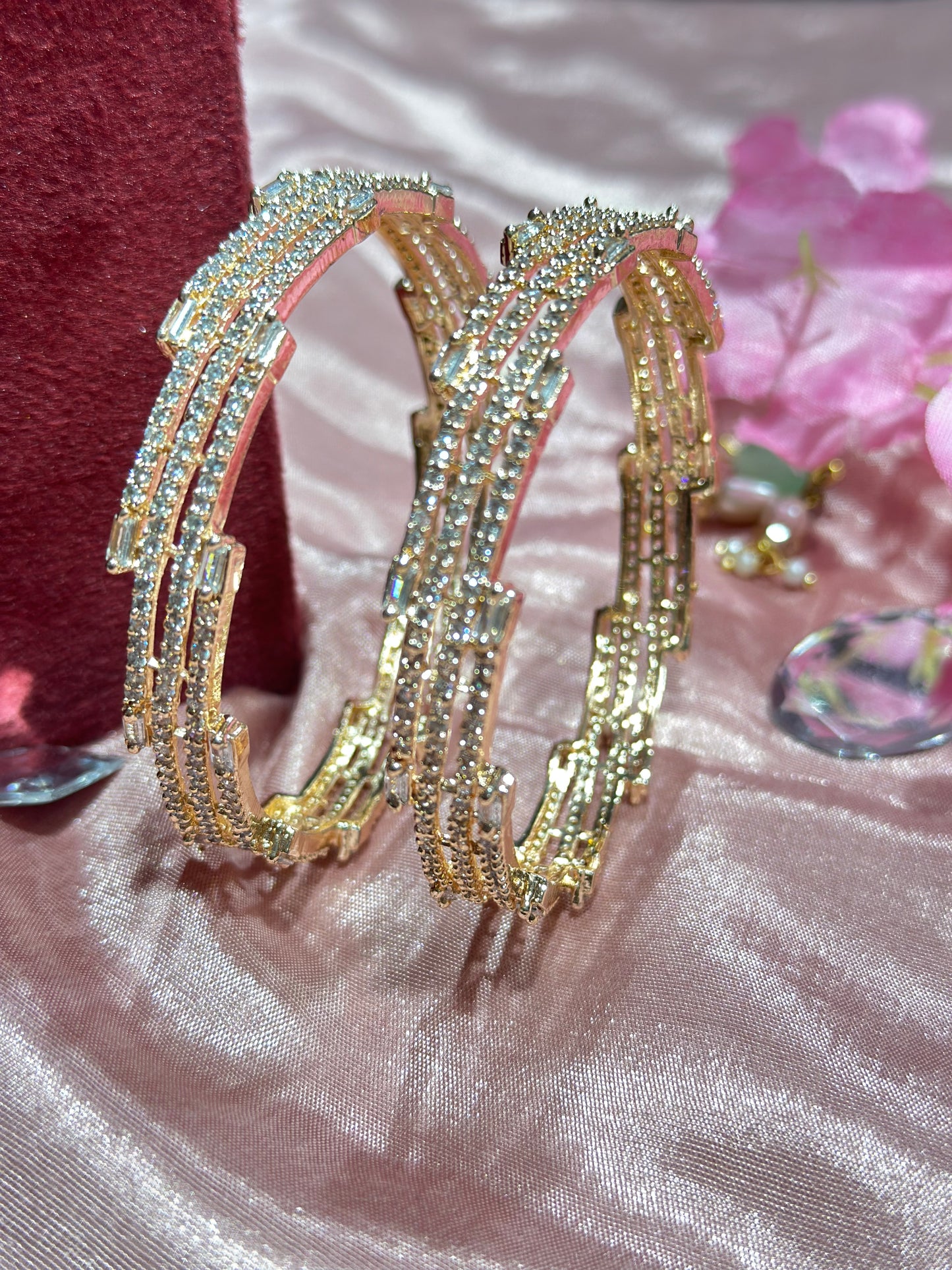 Sleek American Diamond Bangles in Golden Color (Set of 2)