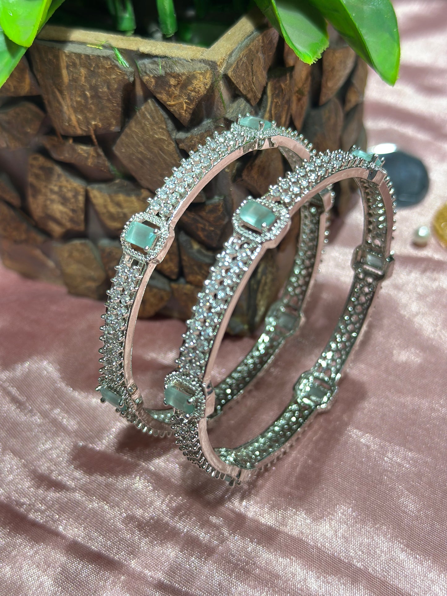 American Diamond Bangles with Green Stones (Set of 2)