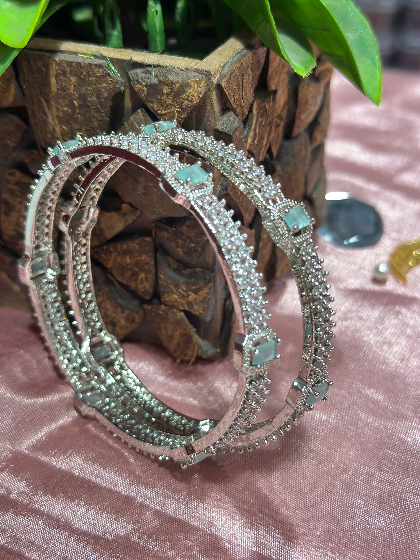 American Diamond Bangles with Green Stones (Set of 2)