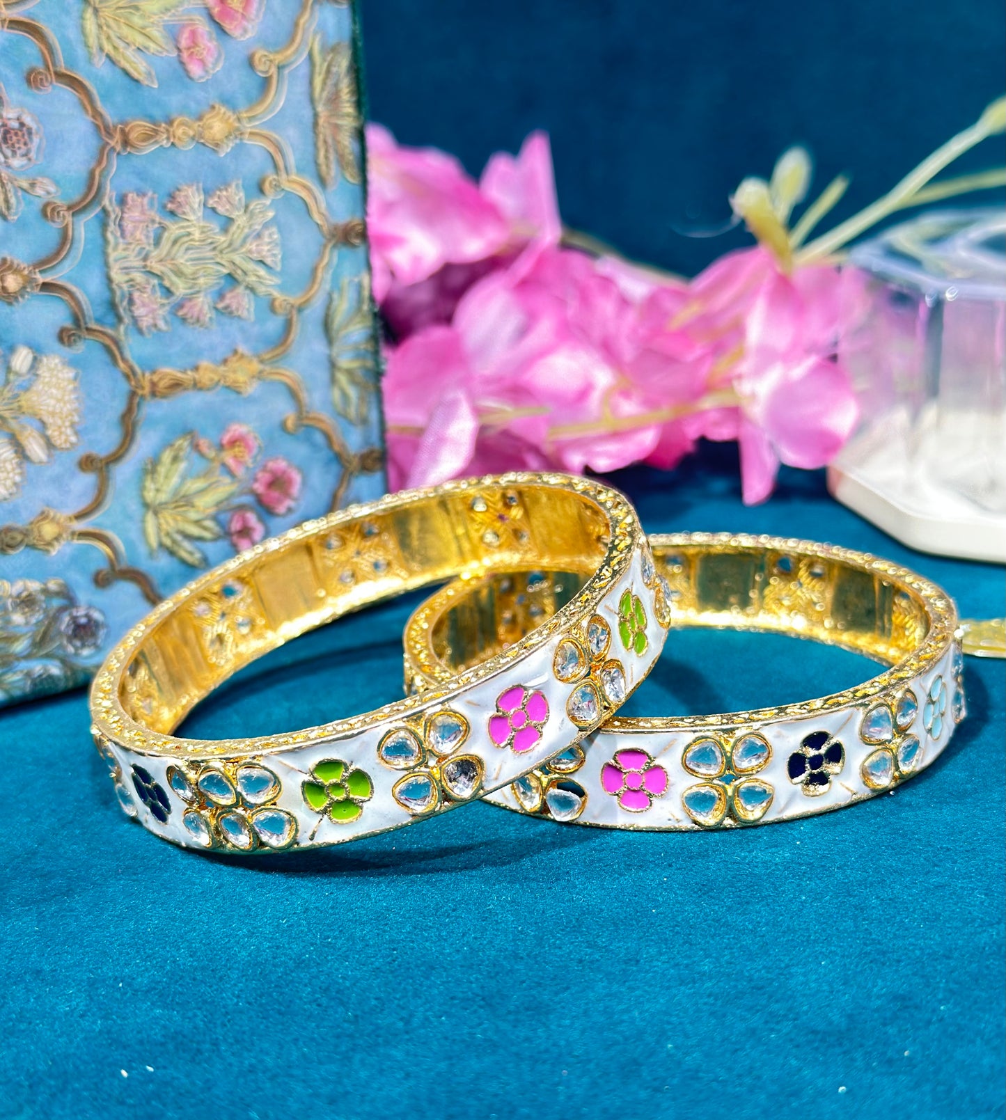 Peetal Bangles with Floral Multicolor Stone Work (Set of 2)