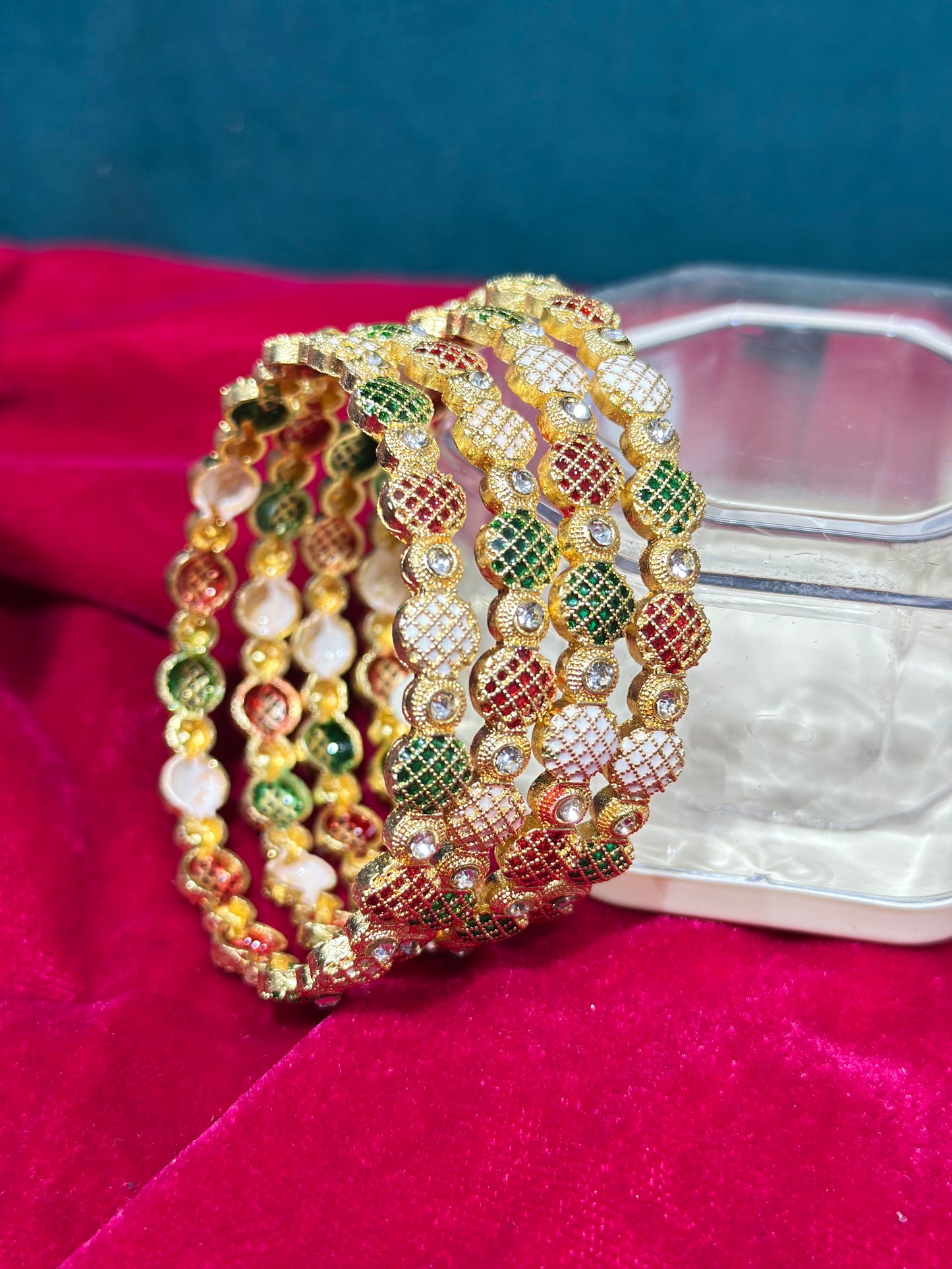 Set of 4 Peetal Bangles with Stone Work &amp; Red-Green Design