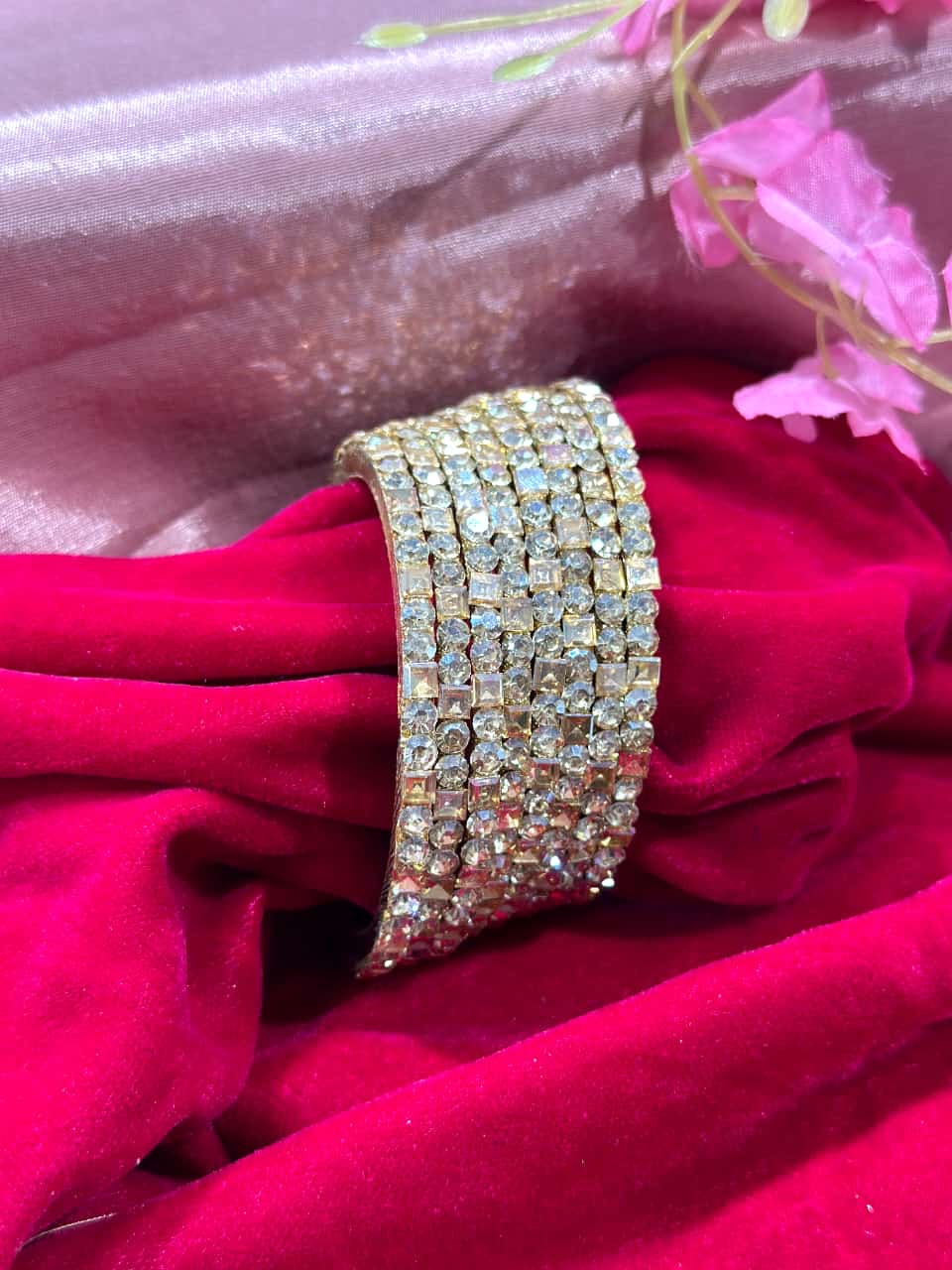 Brass Bangle Set of 8 with Alternate Square & Round Diamonds in Shadow Creme (Sizes 2/4, 2/6, 2/8)